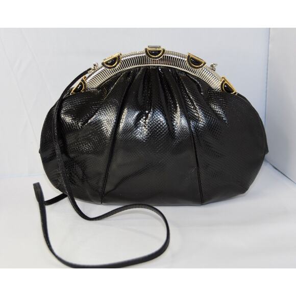 JUDITH LEIBER Designer Art Deco Black Onyx Karung Leather Clutch Shoulder Bag - Picture 1 of 11